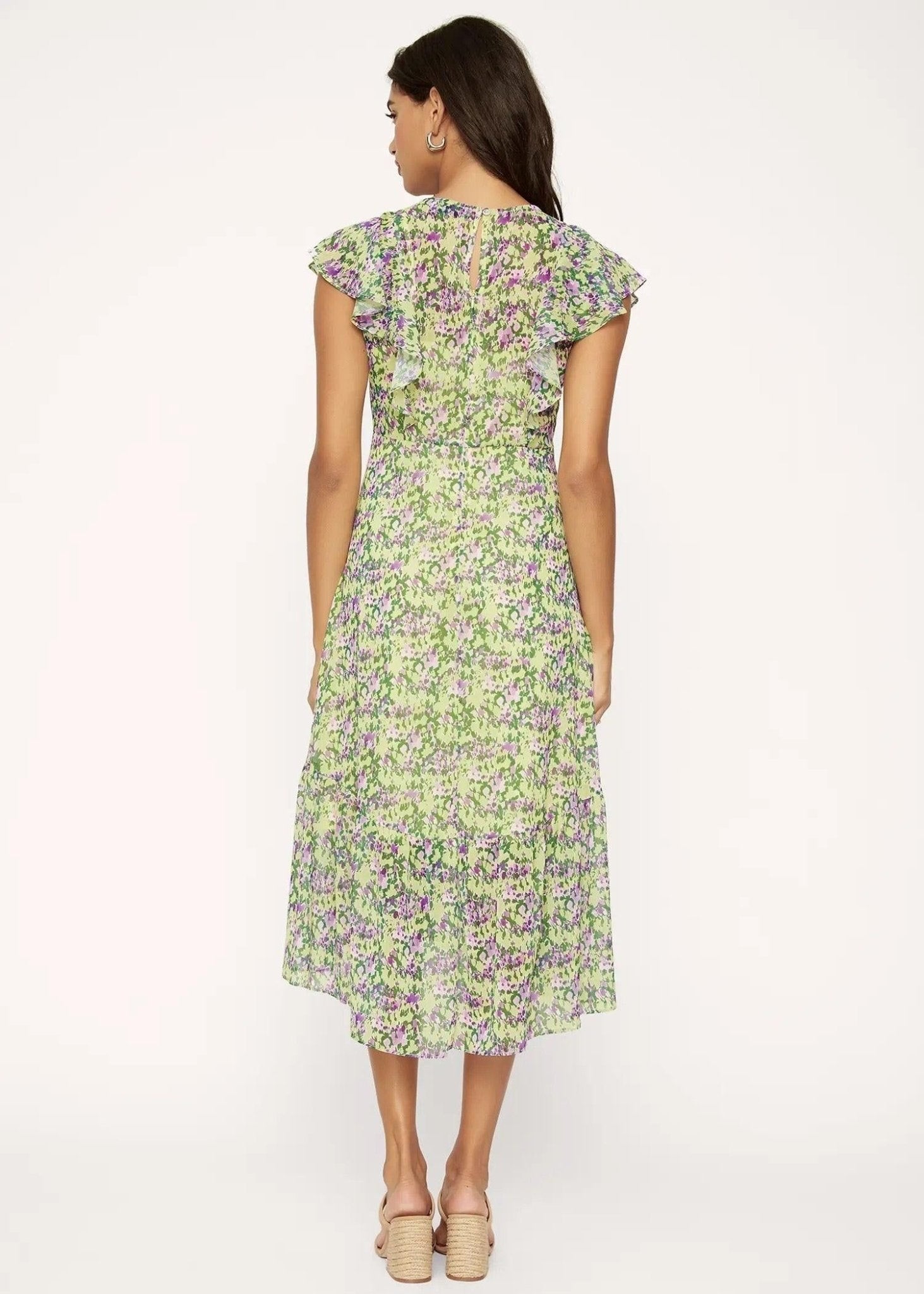 Back view of Matisse's Dream purple-yellow floral midi dress with soft A-line silhouette