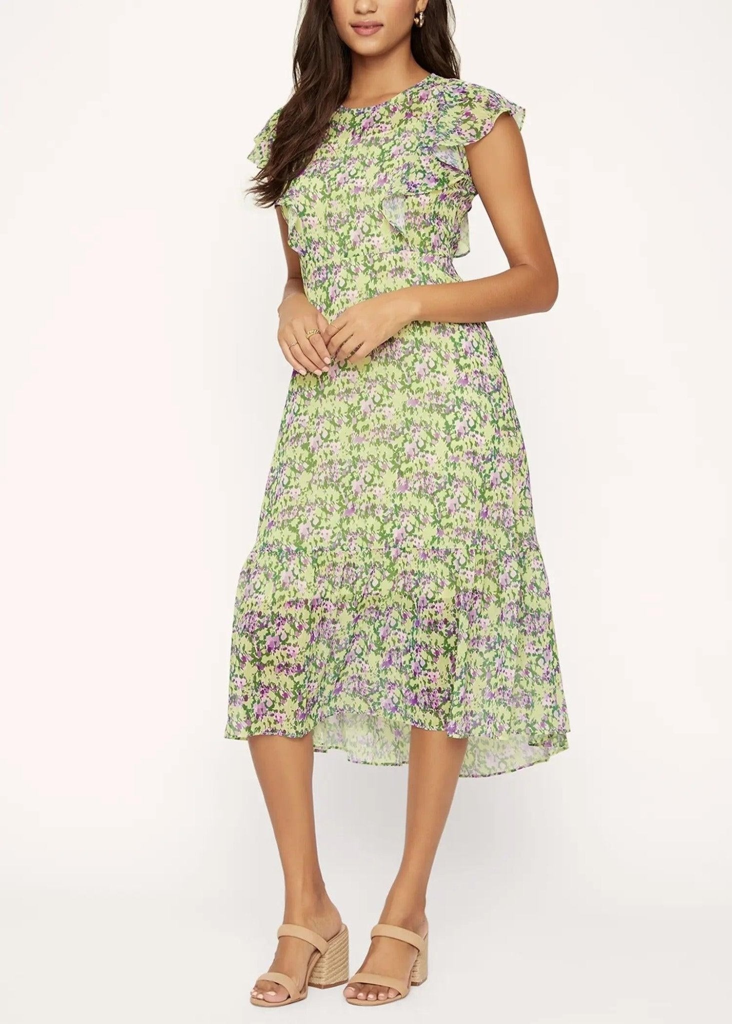 Lost + Wander Matisse's Dream purple-yellow floral midi dress with flutter sleeves