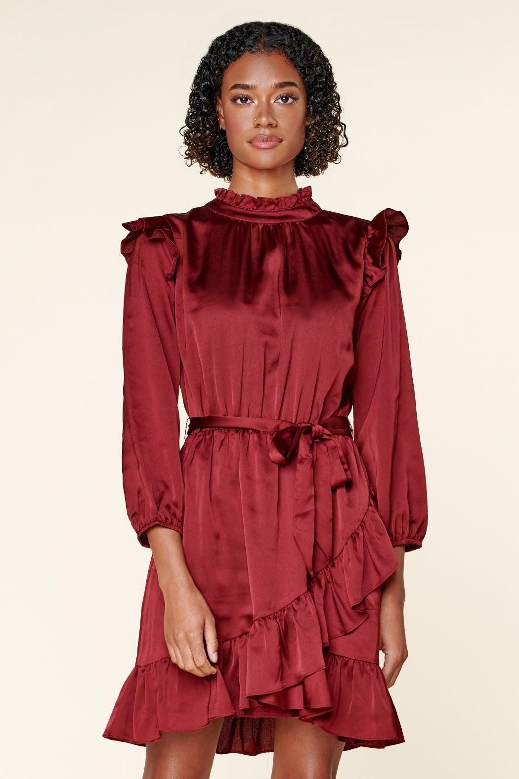 Burgundy satin asymmetrical flounce mini dress with balloon sleeves front view