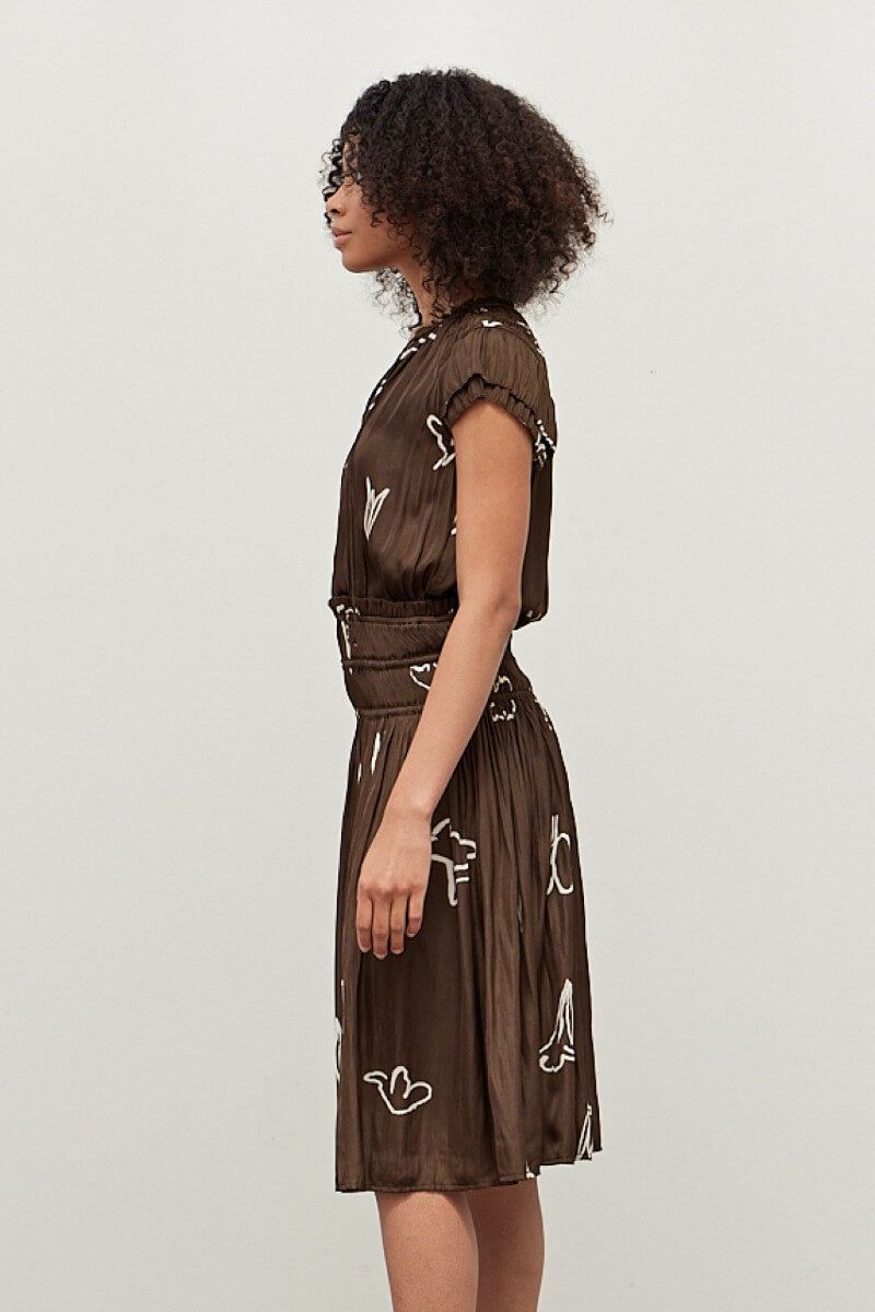 Side view of Bark painted floral satin midi dress with flutter sleeves