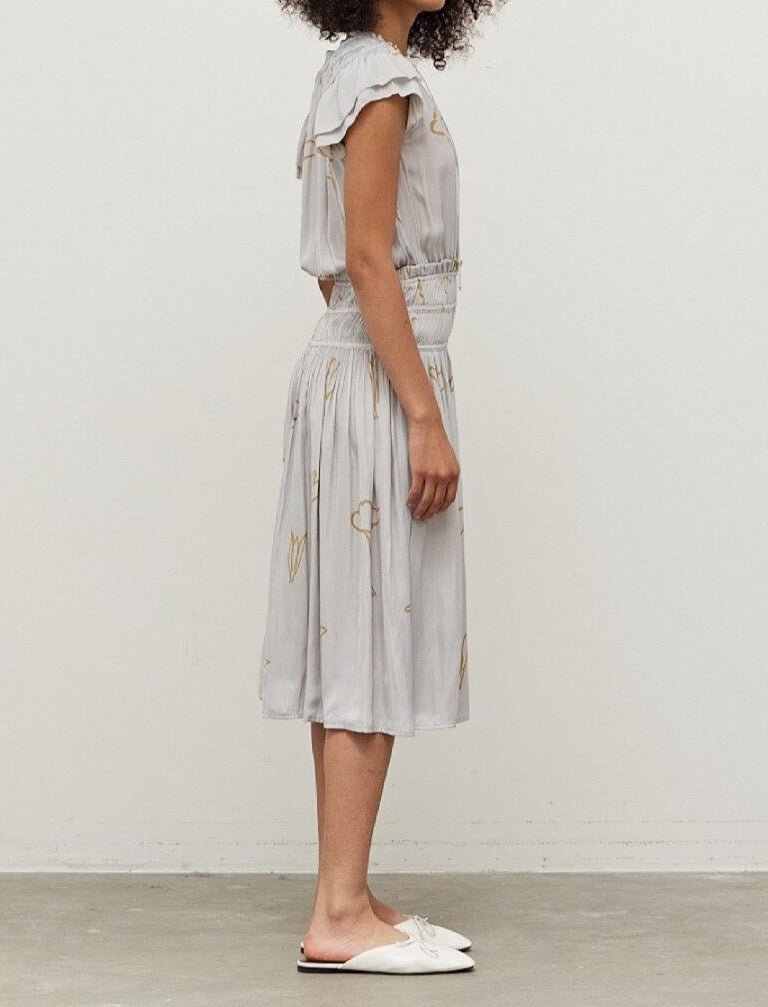 Side view of Mist floral satin midi dress