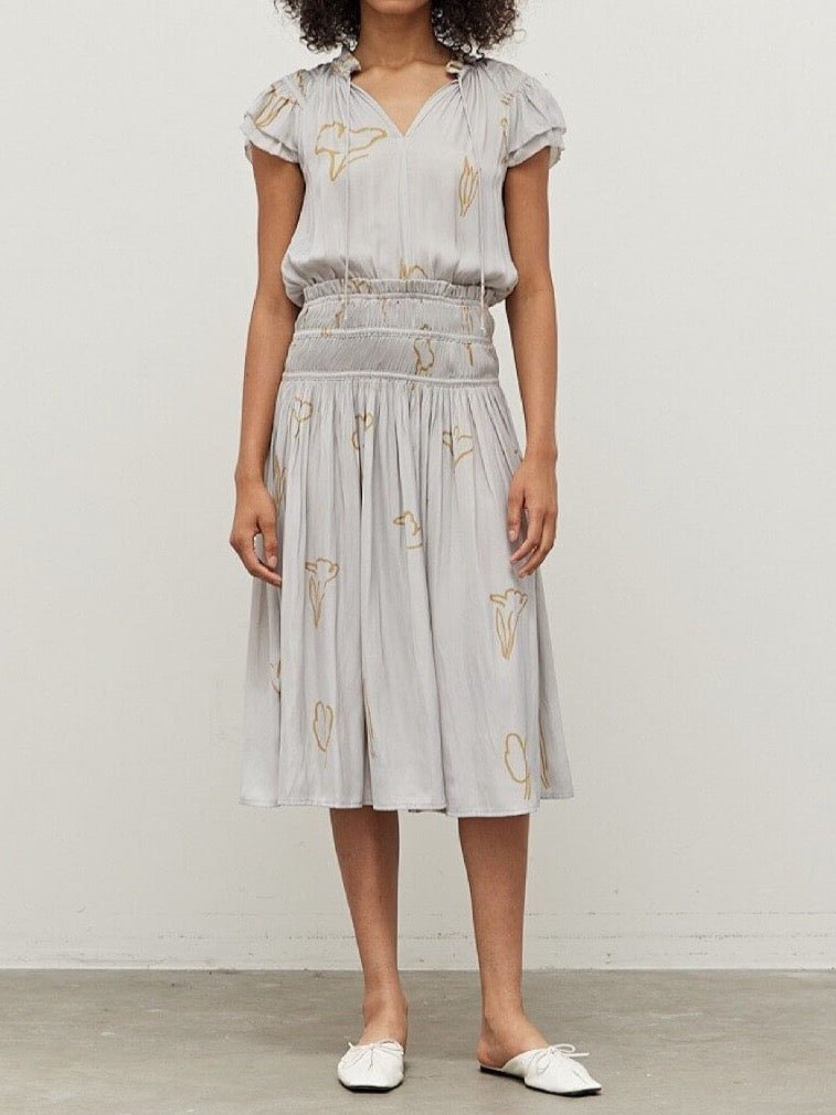 Mist satin painted floral flutter sleeve midi dress with V-neck