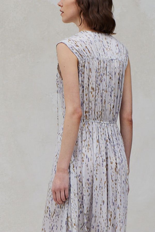 Back detail of Blue Dusk sleeveless printed dress with gathered upper back and elastic waist