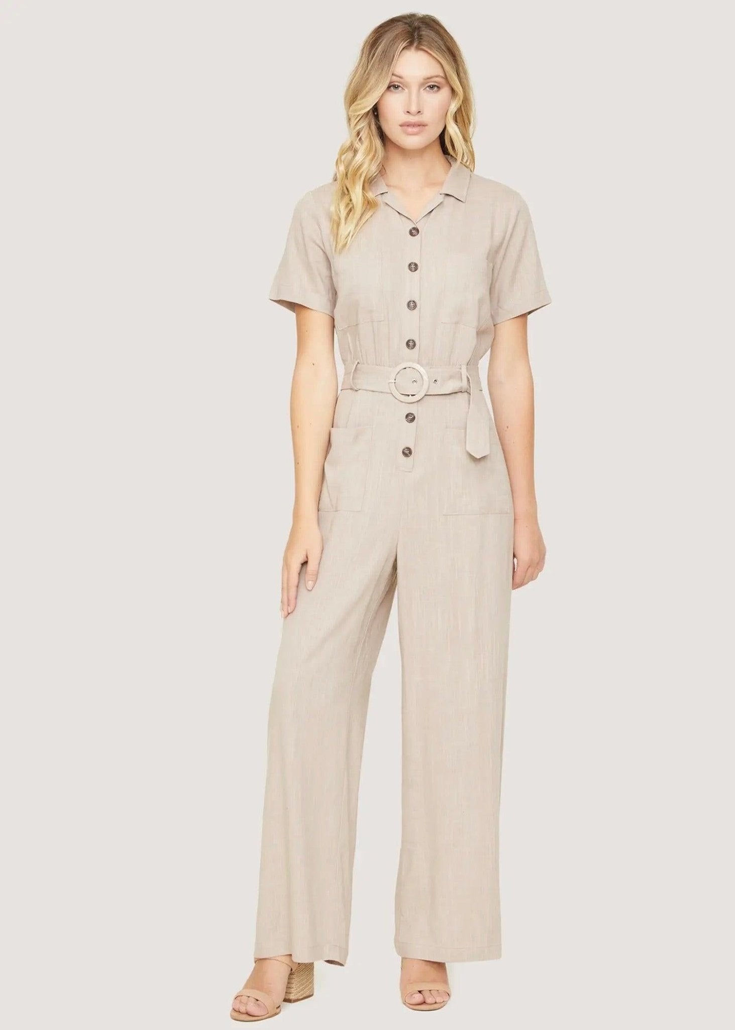 Front view of Weekend Bliss Jumpsuit in almond with relaxed wide-leg silhouette