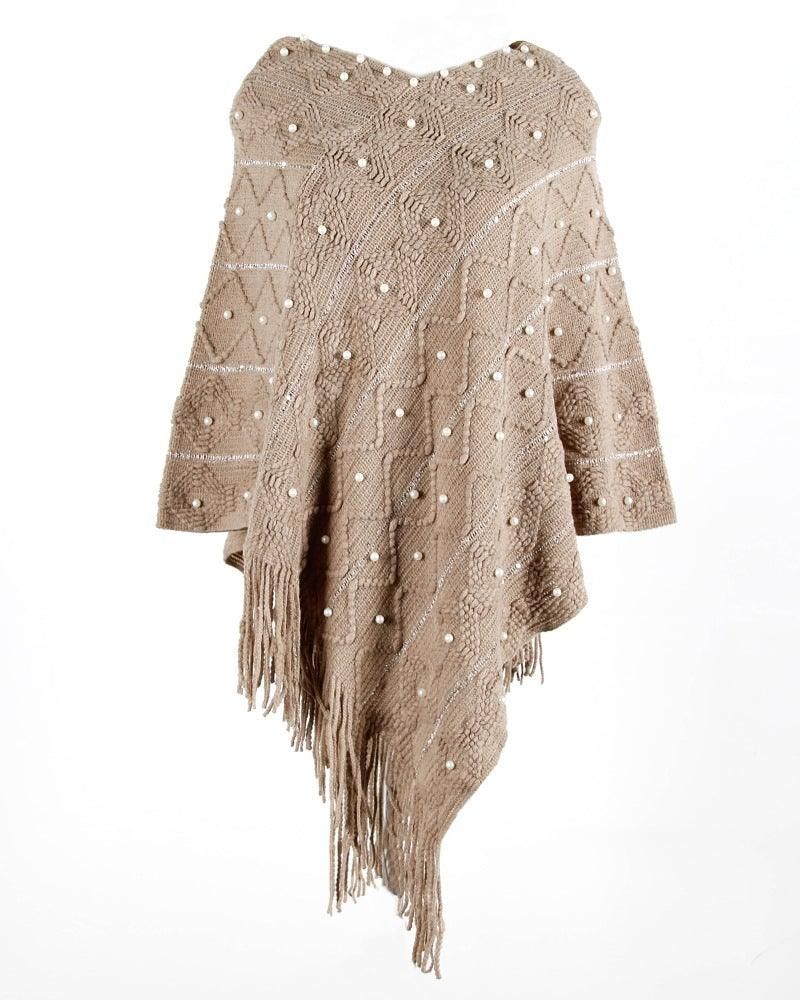 Champagne color with pearl‑accent knit poncho wrap with fringe