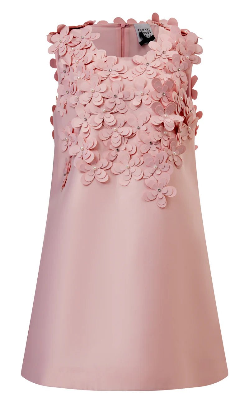 Blush sleeveless 3D floral appliqué A-line cocktail dress by Edward Achour Paris