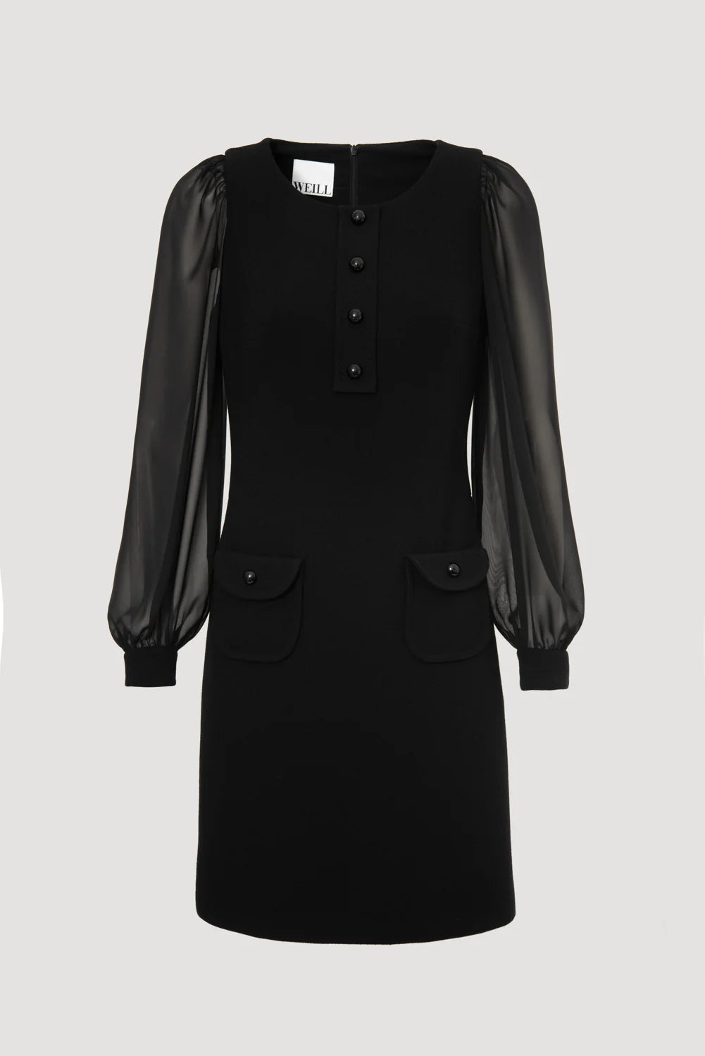 Weill Paris black wool crepe dress with sheer voile sleeves and button details.
