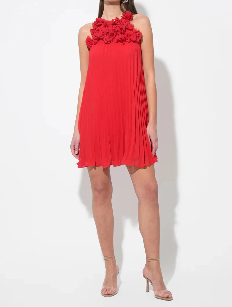 Corey Red Halter Pleated Mini Dress with 3D Floral Appliqué