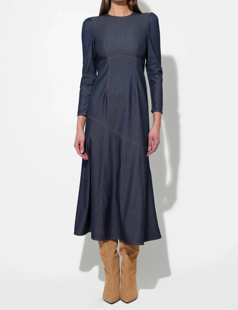 Jayne dark indigo long sleeve denim midi dress with paneled A-line silhouette