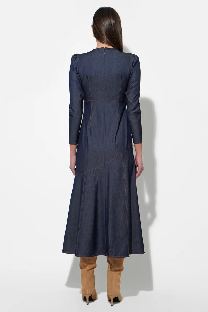 Back view of Jayne dark indigo paneled denim midi dress