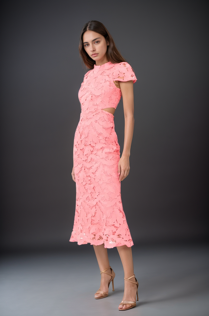 Side view of Portia pink floral lace midi dress showing fitted silhouette and side waist cutout