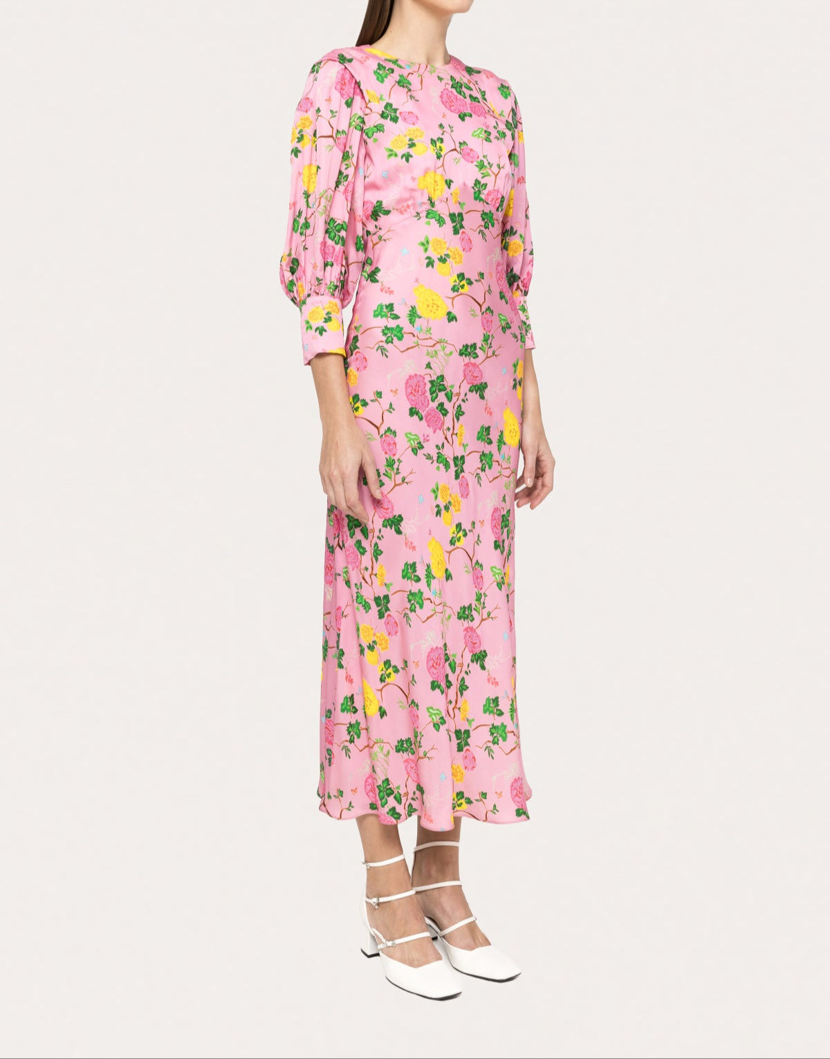 Pink floral printed viscose midi dress for elegant spring weddings and daytime events