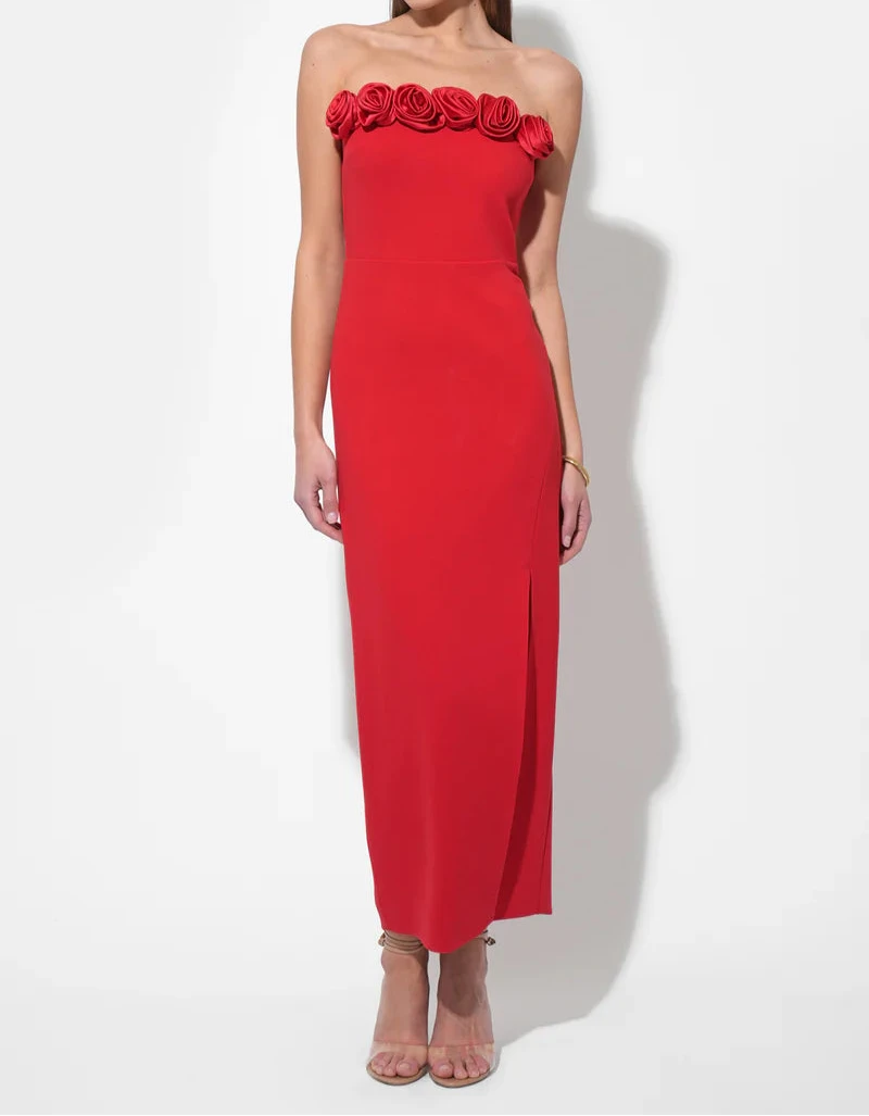 Adelyn Rae red rosette midi dress with removable straps, front view