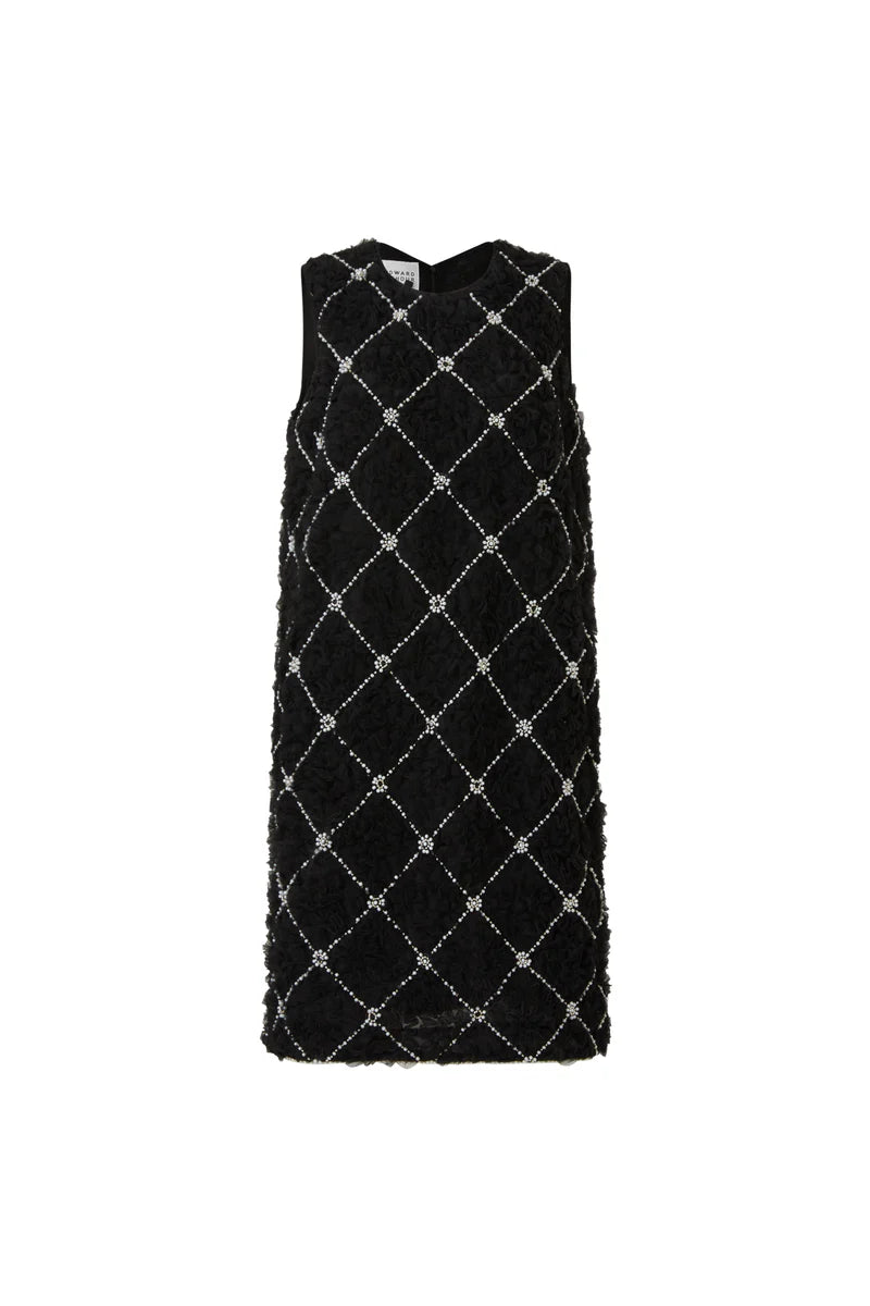 Edward Achour Paris black sleeveless shift dress with pearl-like beaded diamond lattice detail