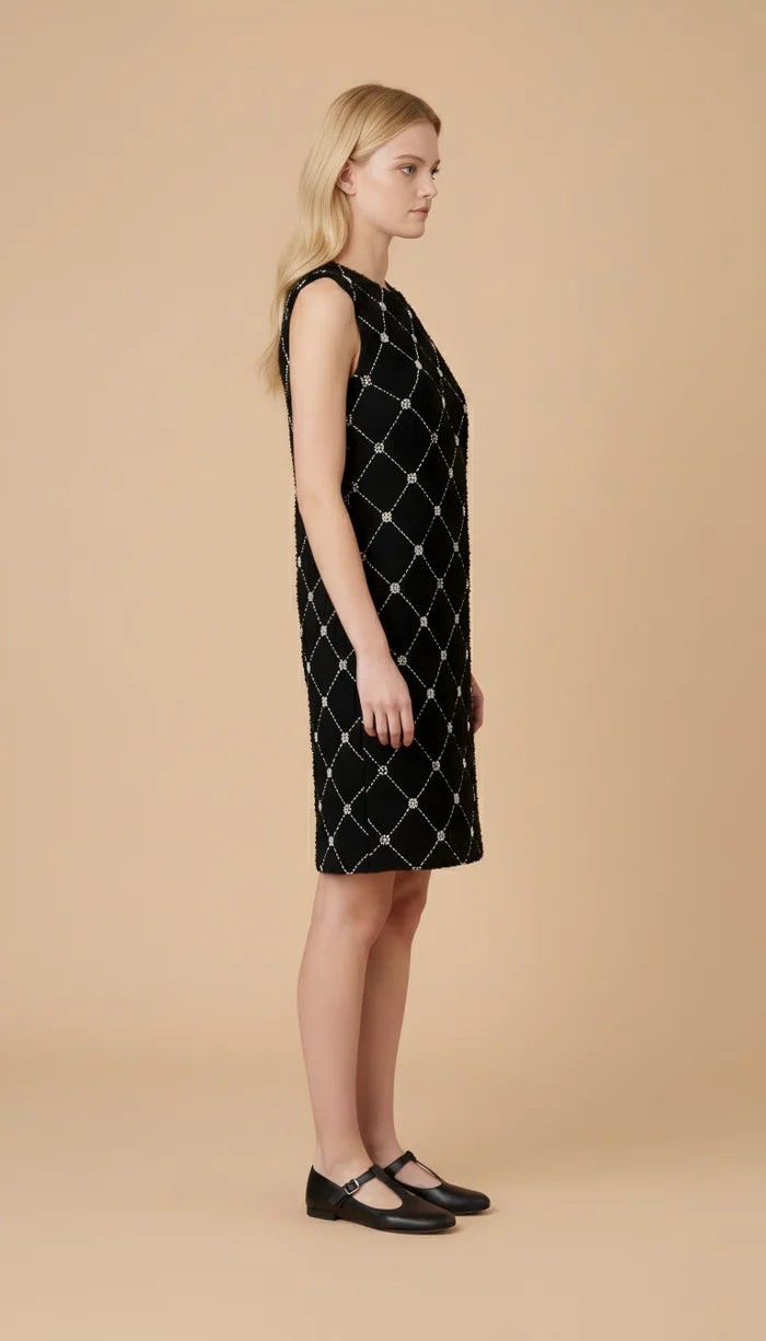 Side view of black beaded diamond-lattice sleeveless shift dress on model
