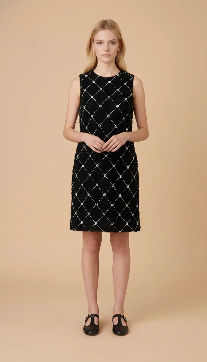 Front view of Edward Achour Paris black embellished sleeveless cocktail dress on model
