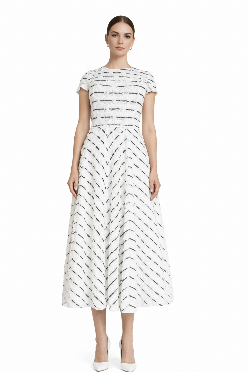 Black and white textured lace midi dress with cap sleeves by Nora Noh front view