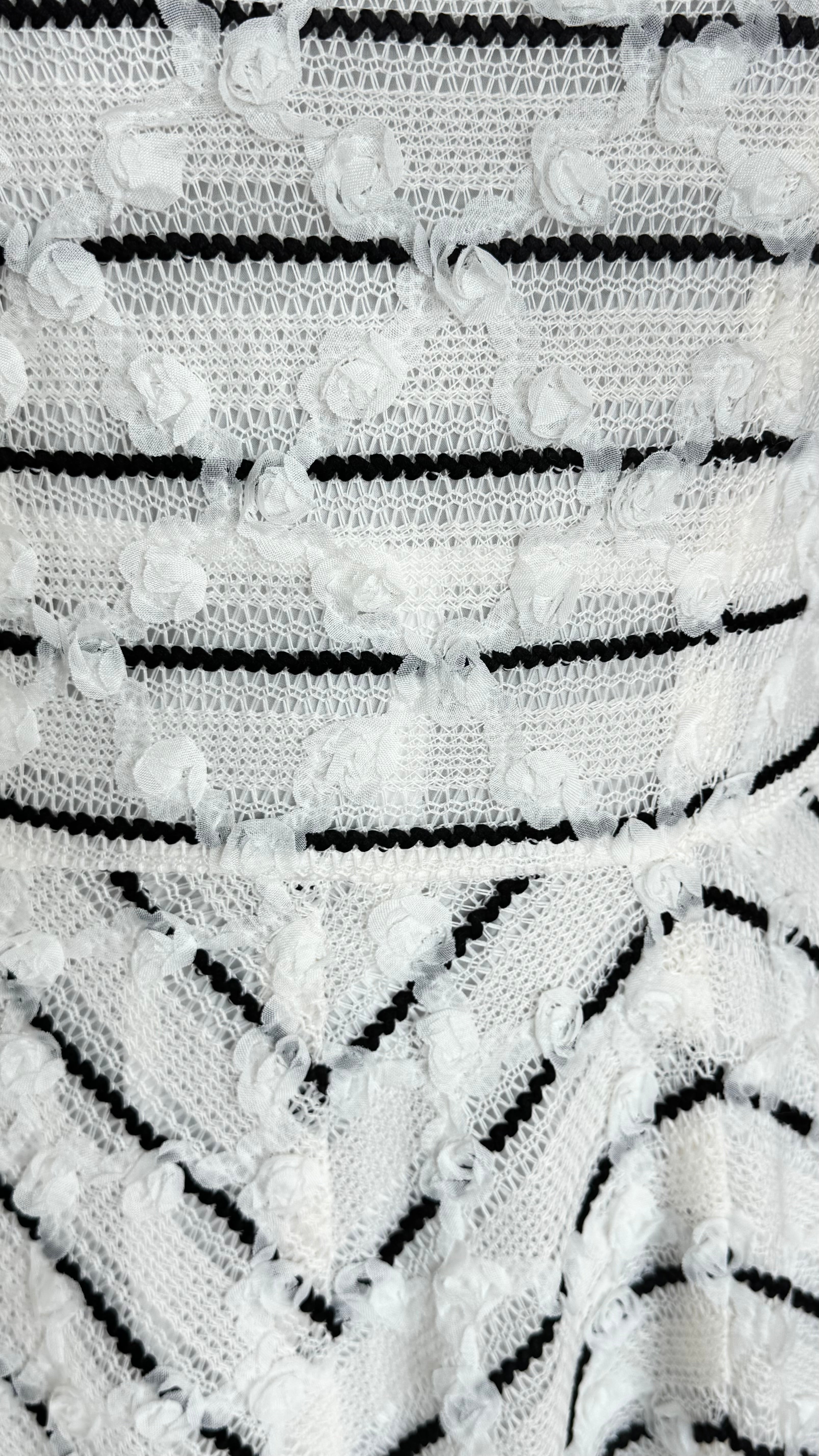 Close-up of black and white textured Breton lace detail on Nora Noh midi dress