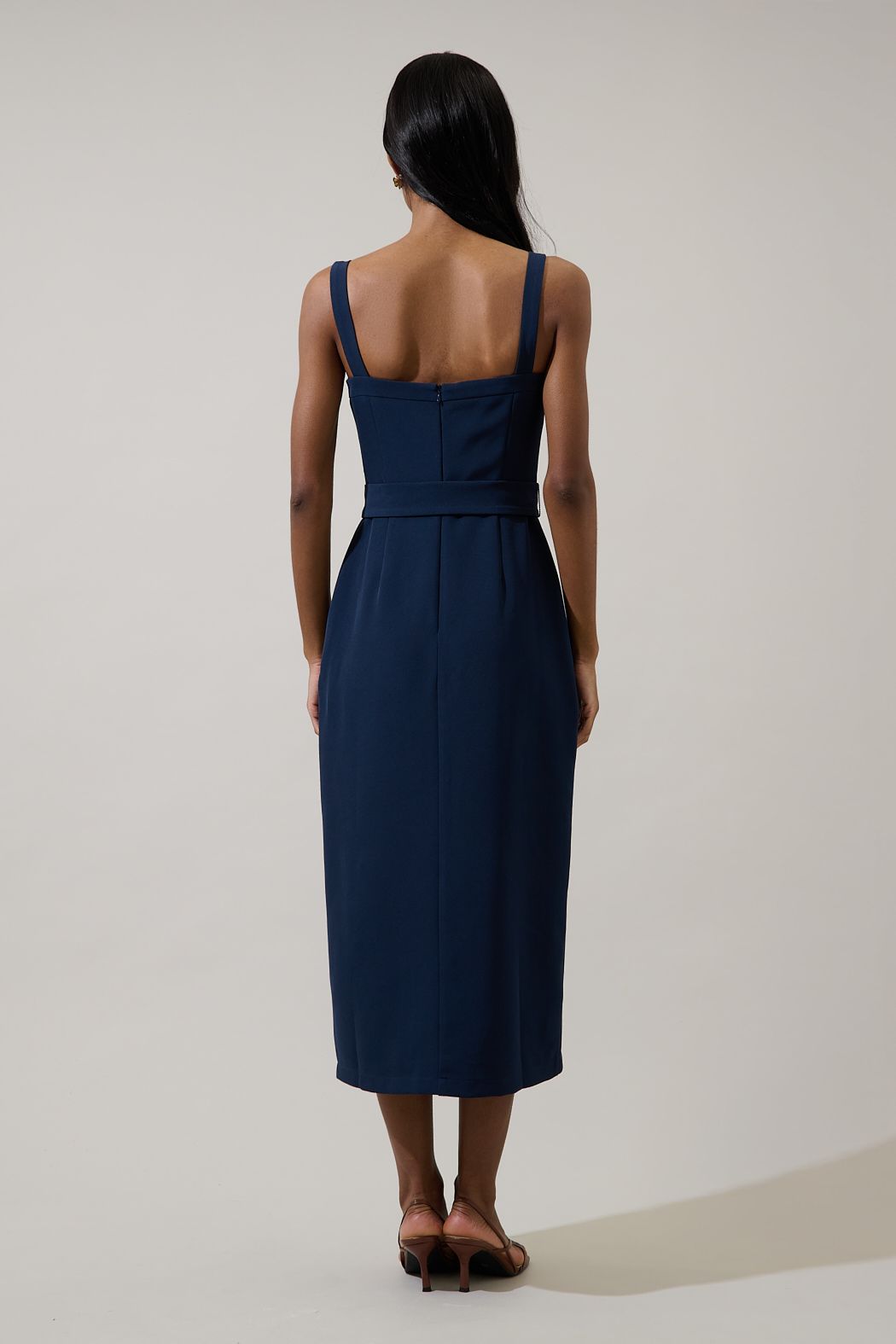 Dark navy sleeveless square neck midi dress back view with waist belt