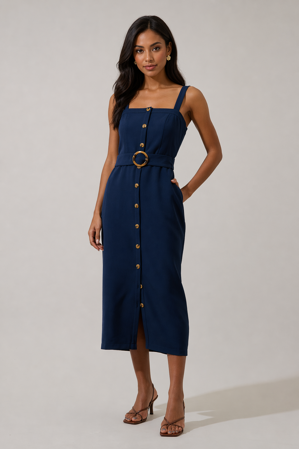 Front view of Camady Sleeveless Button Front Midi Dress in Dark Navy
