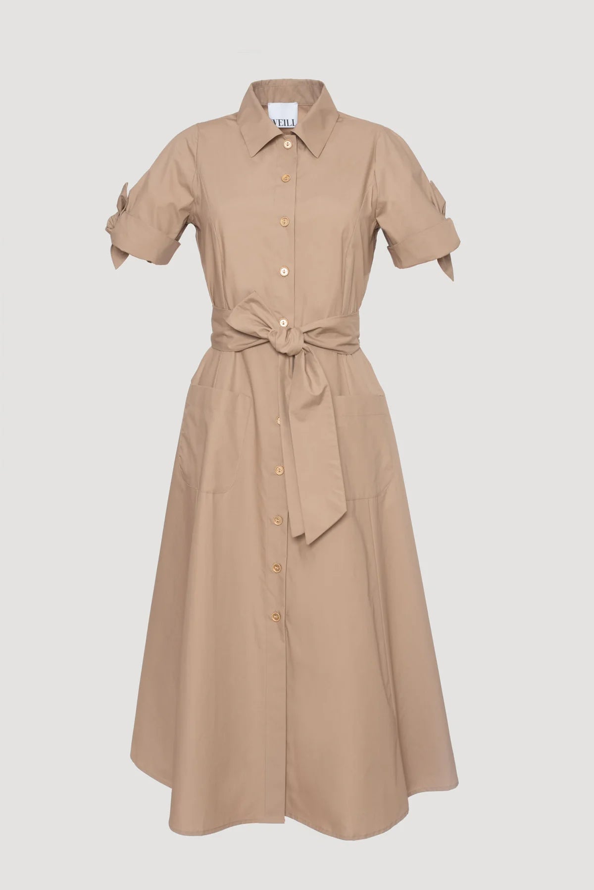 Beige cotton midi shirt dress with tie belt, gold buttons, short sleeves and patch pockets
