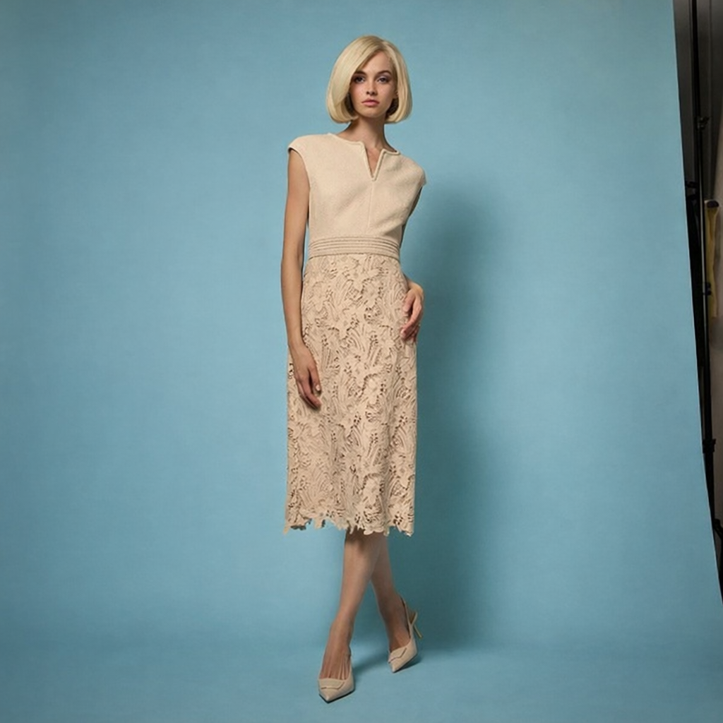 model is wearing cream lace skirt midi dress with braided detail