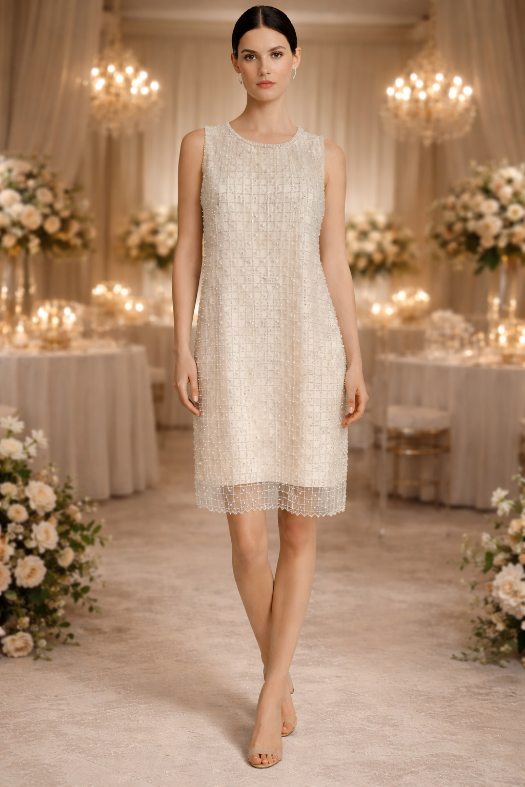 Cream pearl beaded cocktail dress styled for bridal shower and rehearsal dinner