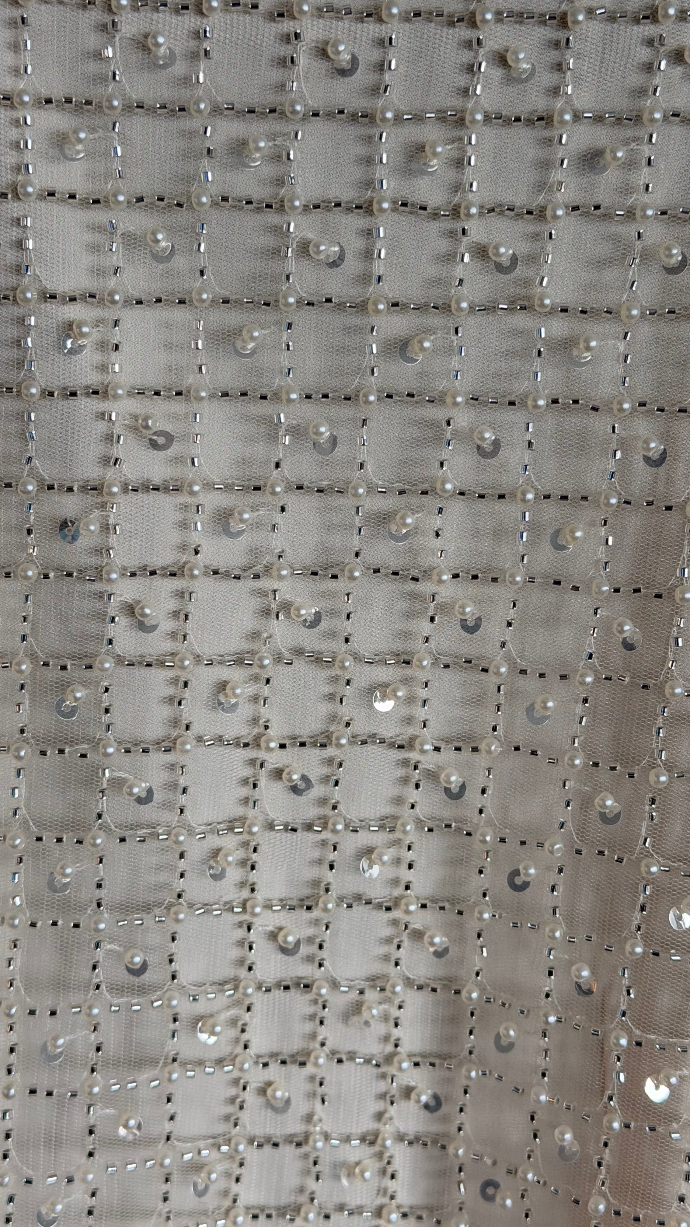 Edward Achour Paris cream pearl beaded mesh shift dress detail view