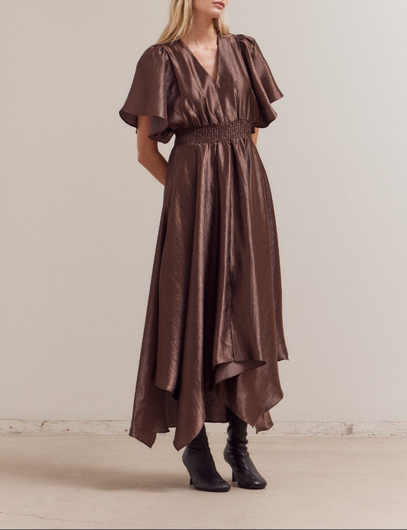 Dark Chocolate asymmetrical satin maxi dress front view