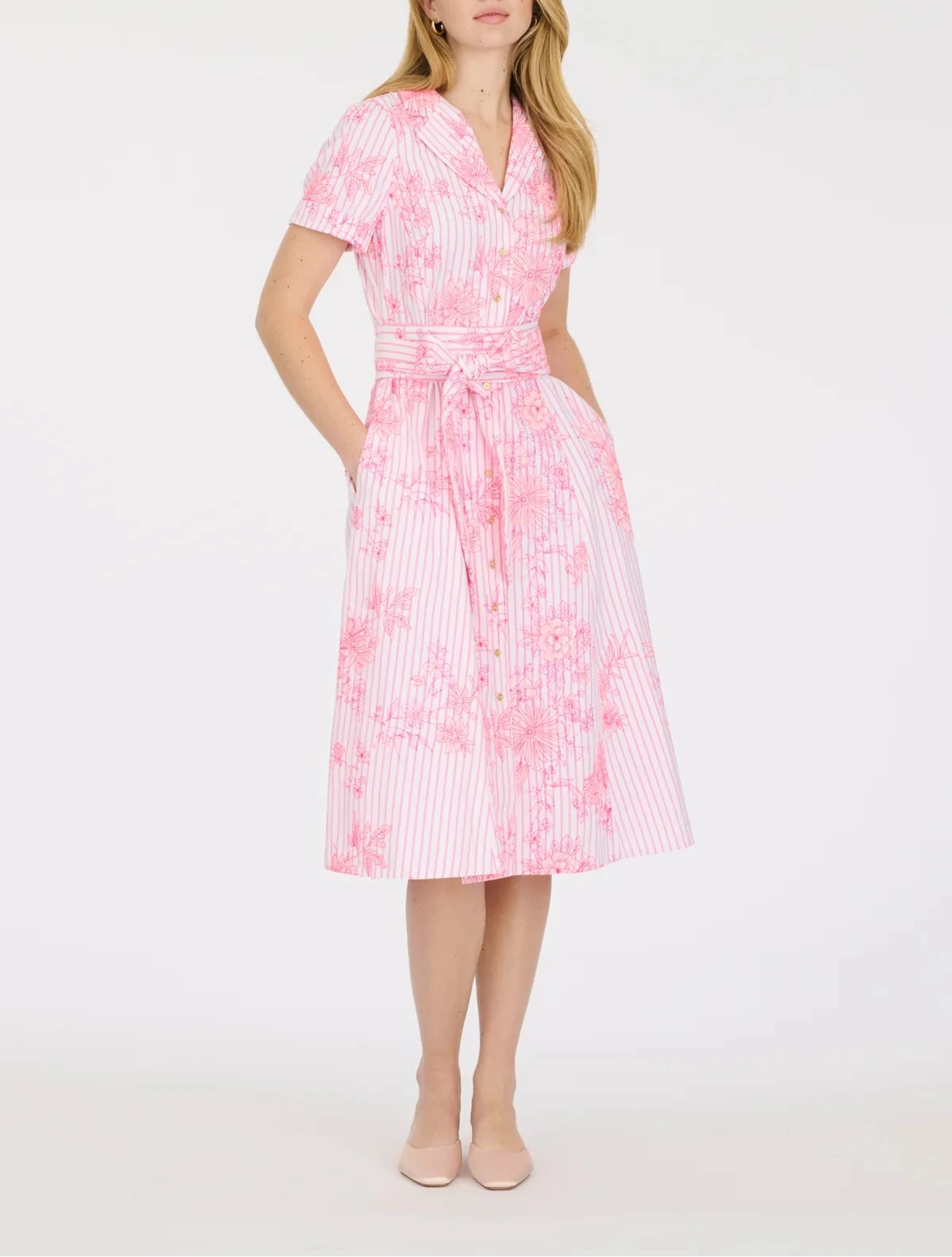Pink Embroidered Shirt Midi Dress With Tie Belt