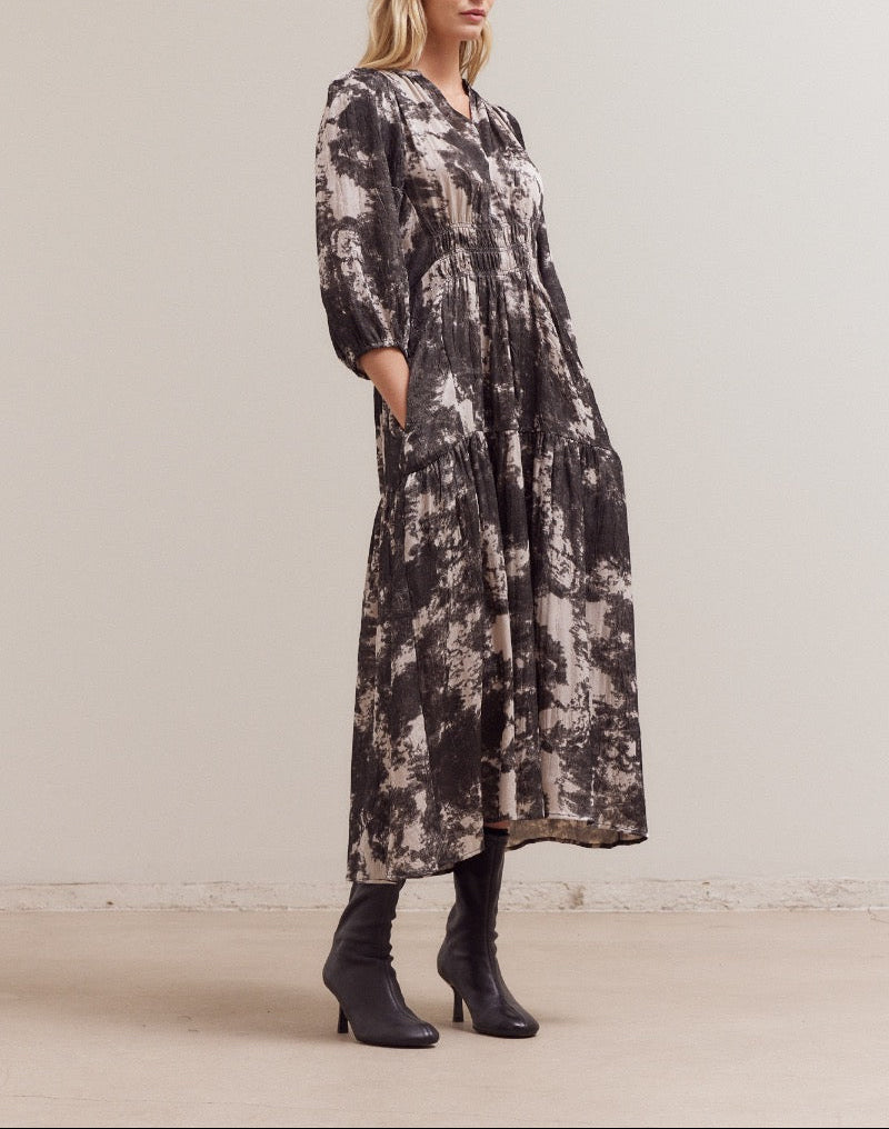 Front angled view of 3/4 sleeve printed midi dress