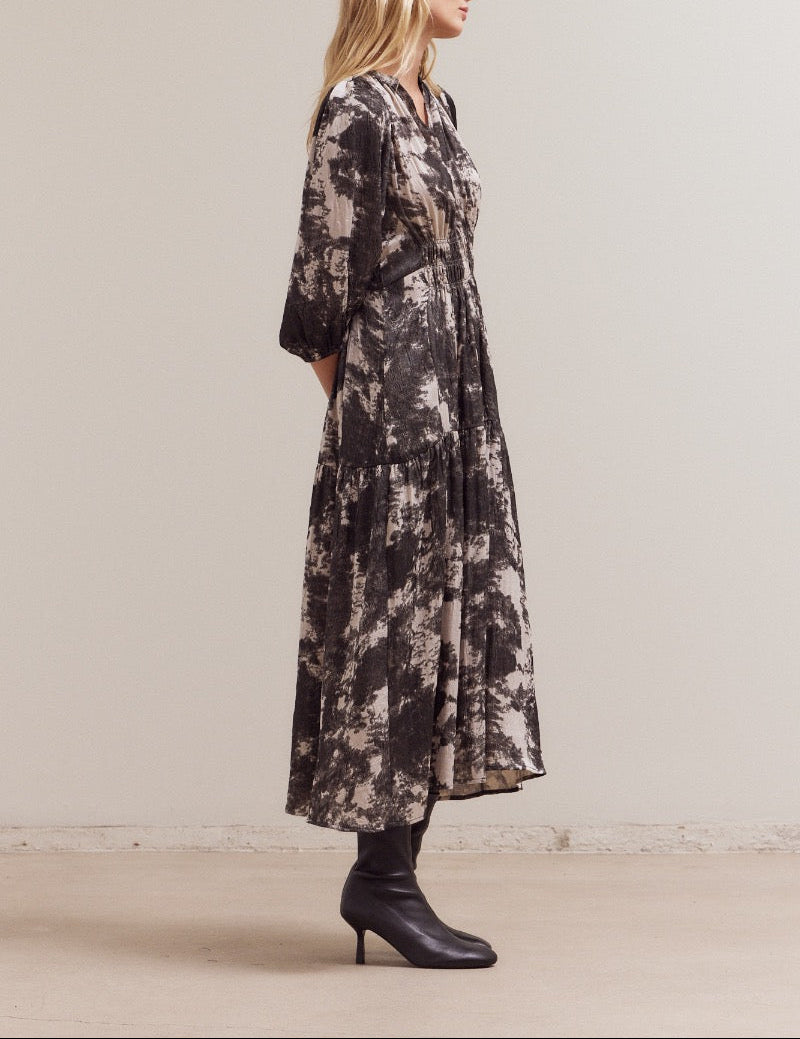 Full front view of printed midi dress with pockets