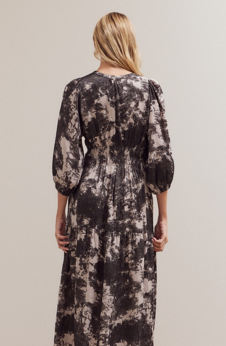 Close-up front detail of printed midi dress with V-neck and smocked waist