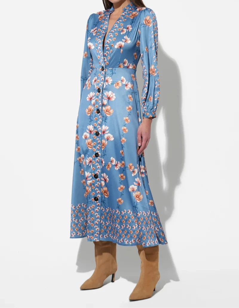 Adelyn Rae Jailyn blue floral button front midi dress with long sleeves and border print
