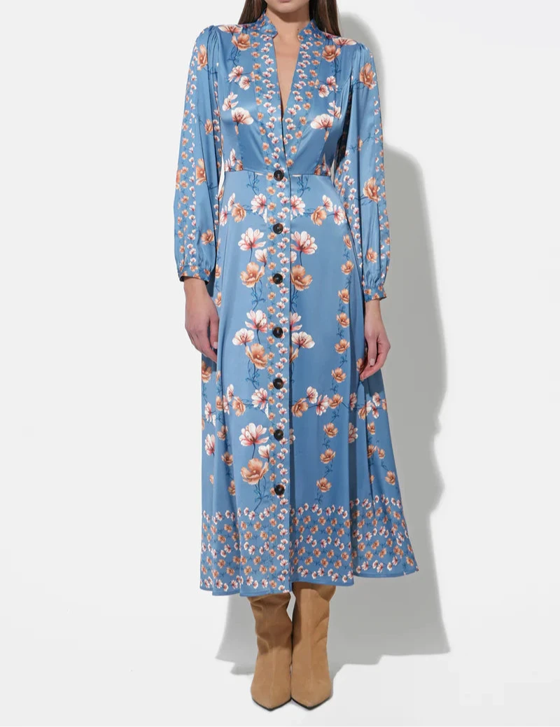 Blue floral long sleeve midi dress with button front and defined waist