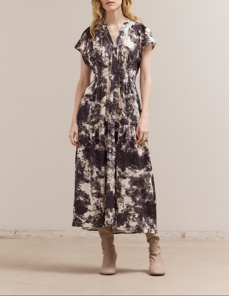 Ivory printed ruffle satin midi dress with short sleeves from GRADE & GATHER