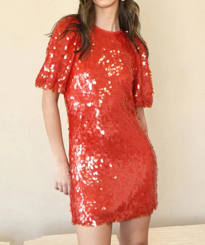 Red sequin puff sleeve mini dress by Adelyn Rae angled front view
