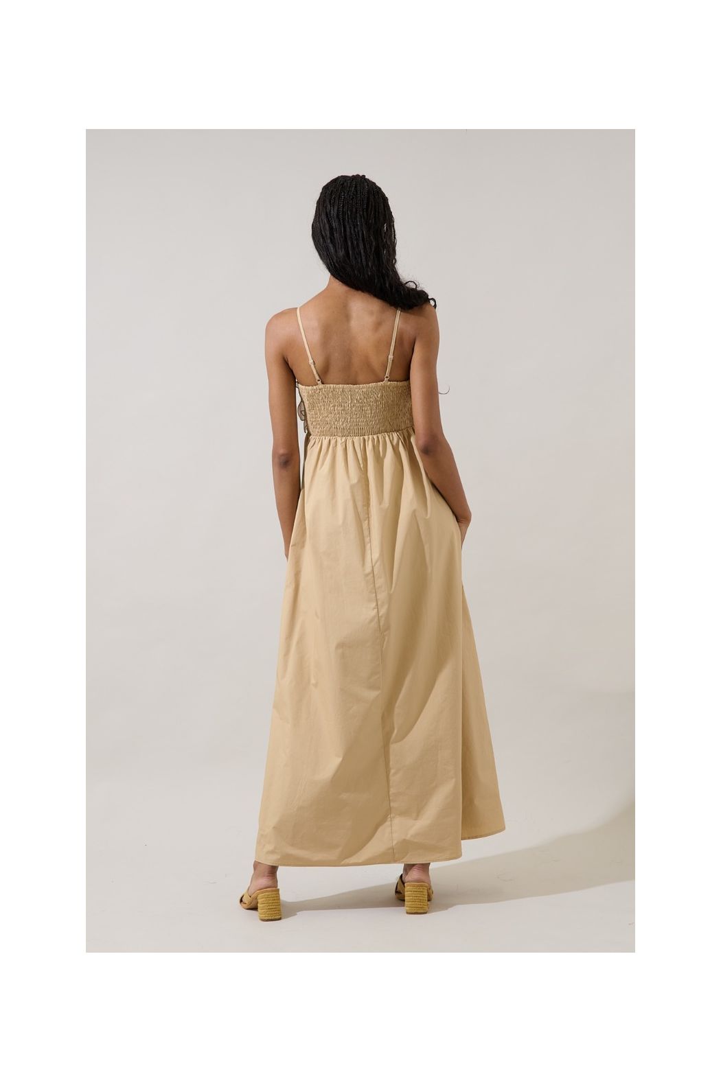 Kalani oatmeal floral applique A-line maxi dress front view