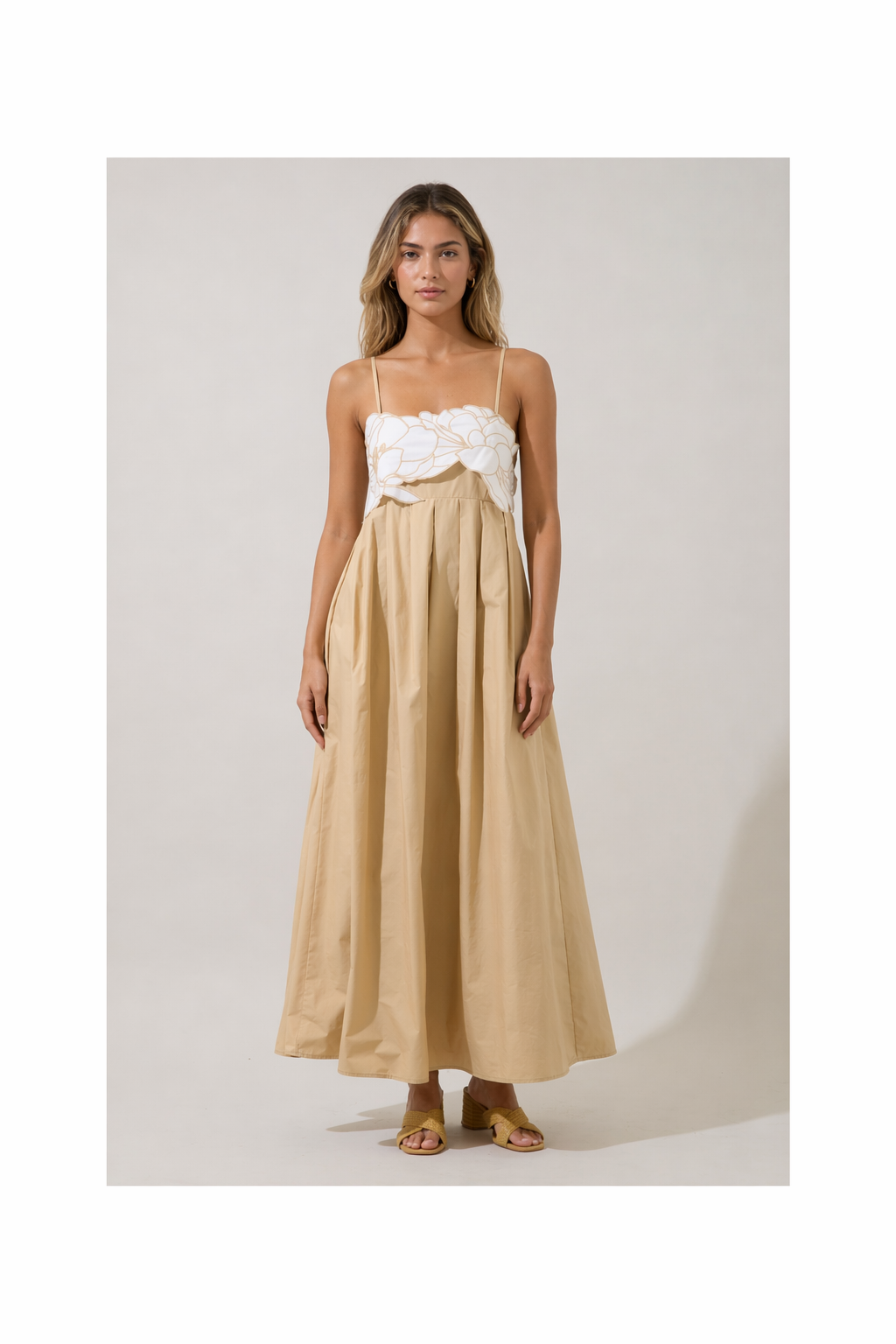 Kalani Floral Applique A-Line Maxi Dress in Oatmeal full view