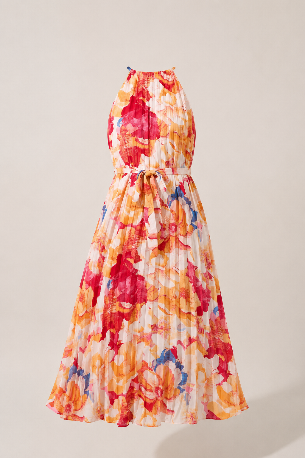 Front product view of the Maly Sailey dress, featuring a coral, orange and blue painterly floral print, fine pleats, a gathered halter neckline and matching sash belt
