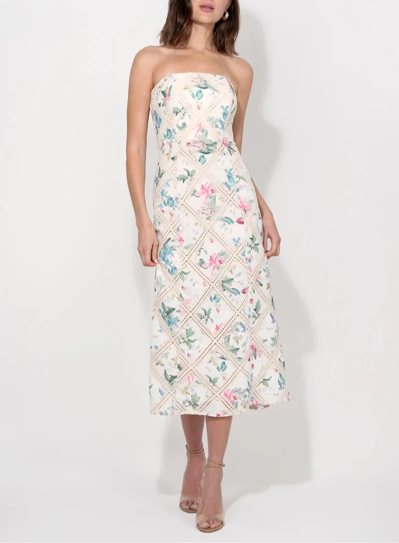 Adelyn Rae Manon crochet printed strapless midi dress in cream floral, front view
