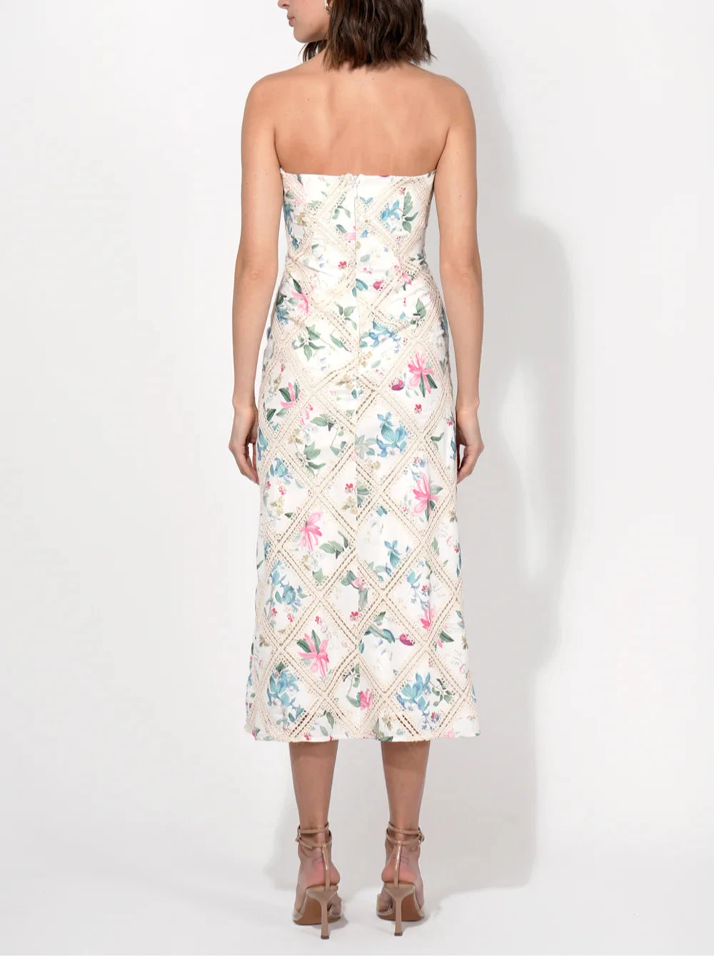 Back view of Adelyn Rae Manon cream floral strapless midi dress