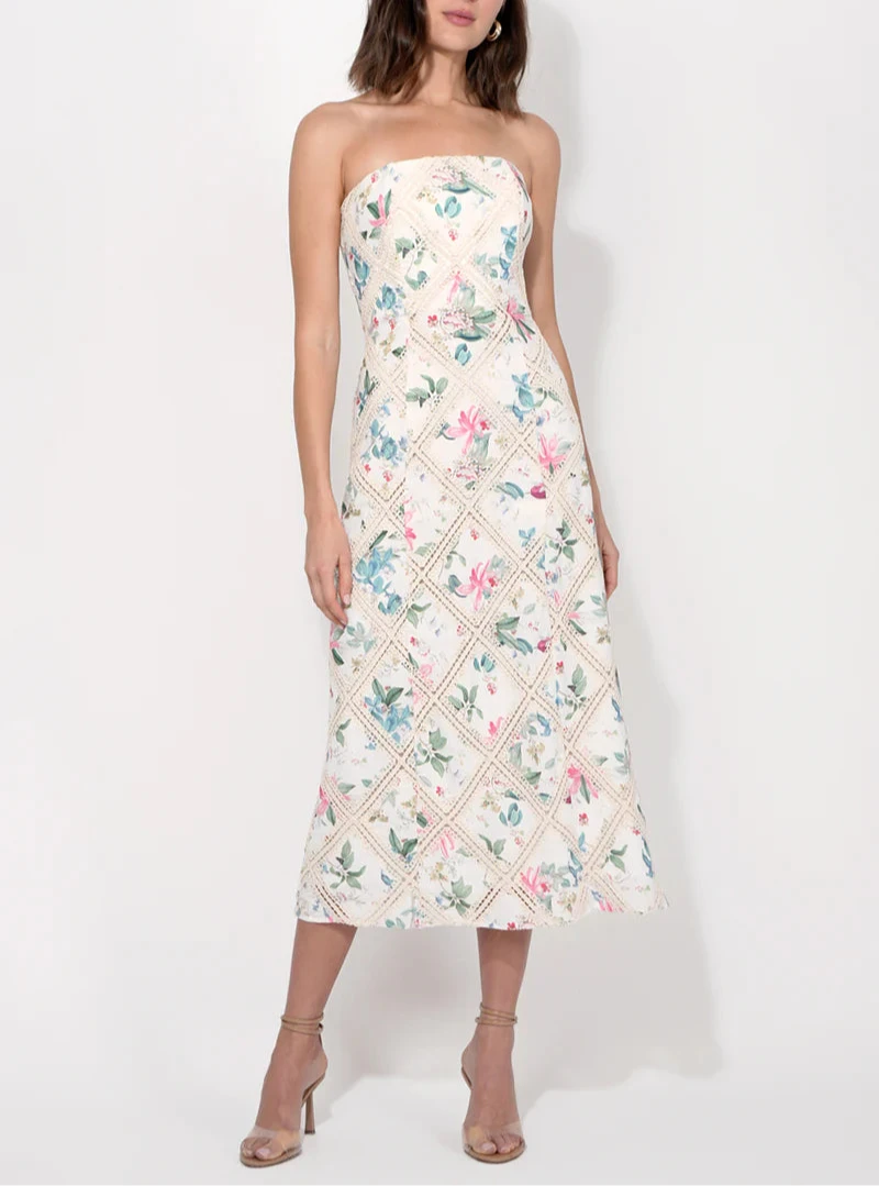 Cream floral strapless midi dress by Adelyn Rae with pastel print and midi silhouette