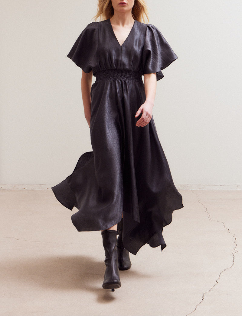 Midnight asymmetrical satin maxi dress with flutter sleeves front view