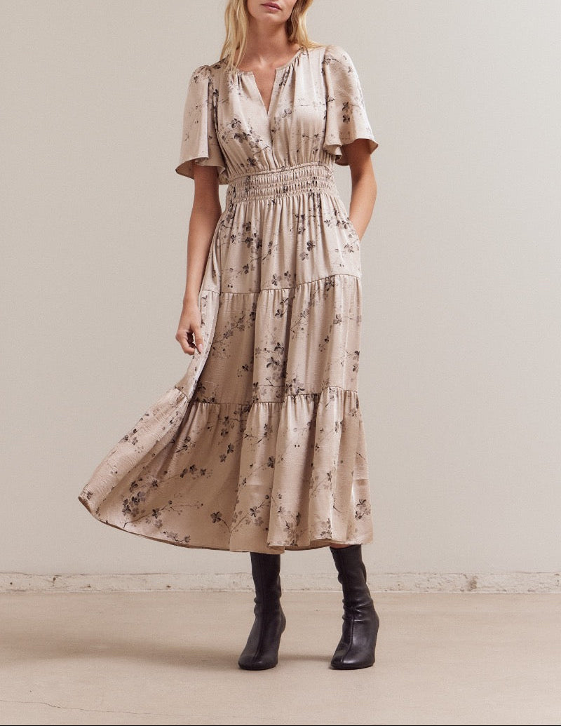 Natural floral print smocked waist midi dress with pockets front view
