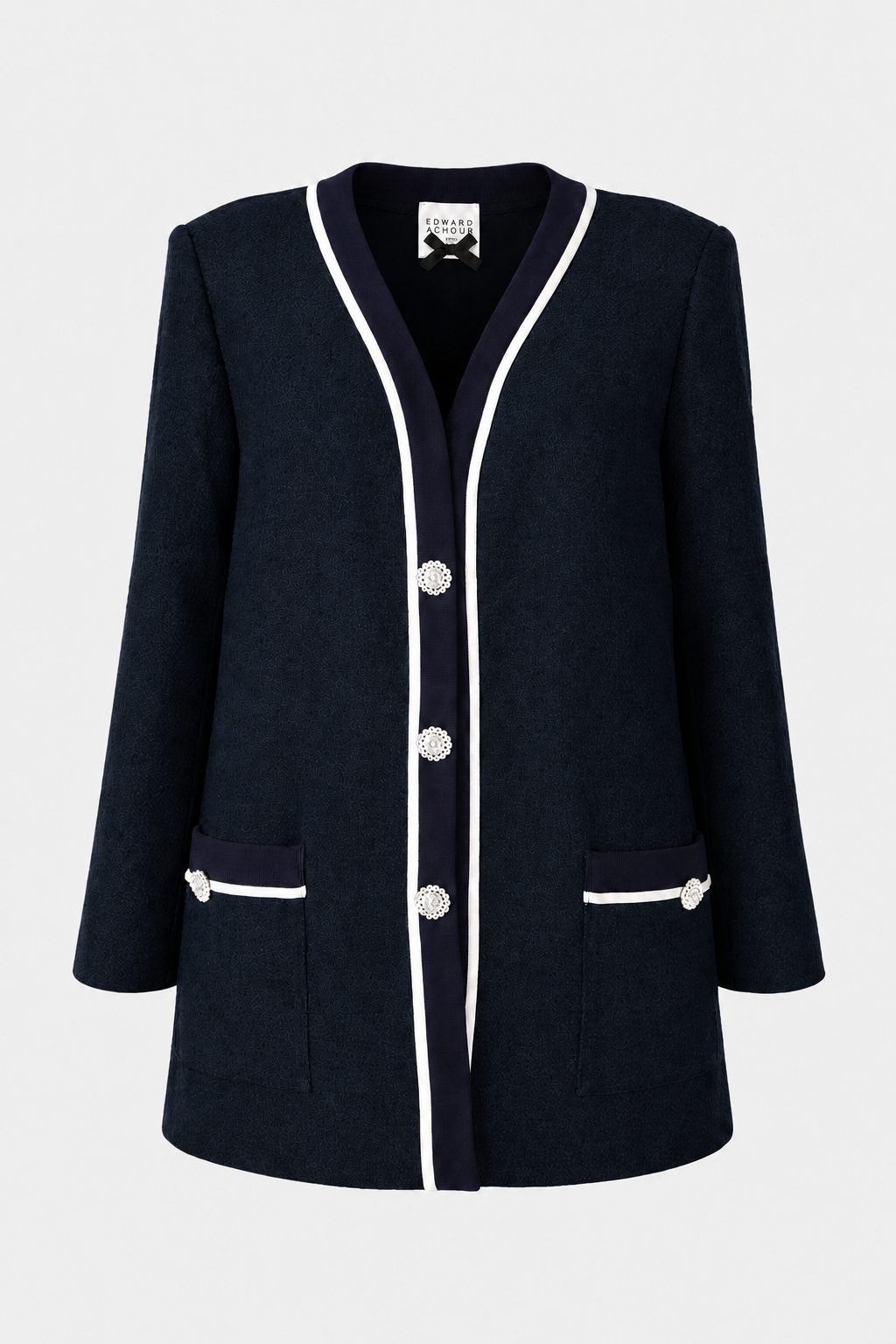 Dark-blue bouclé collarless jacket with contrast ivory trim and crystal buttons