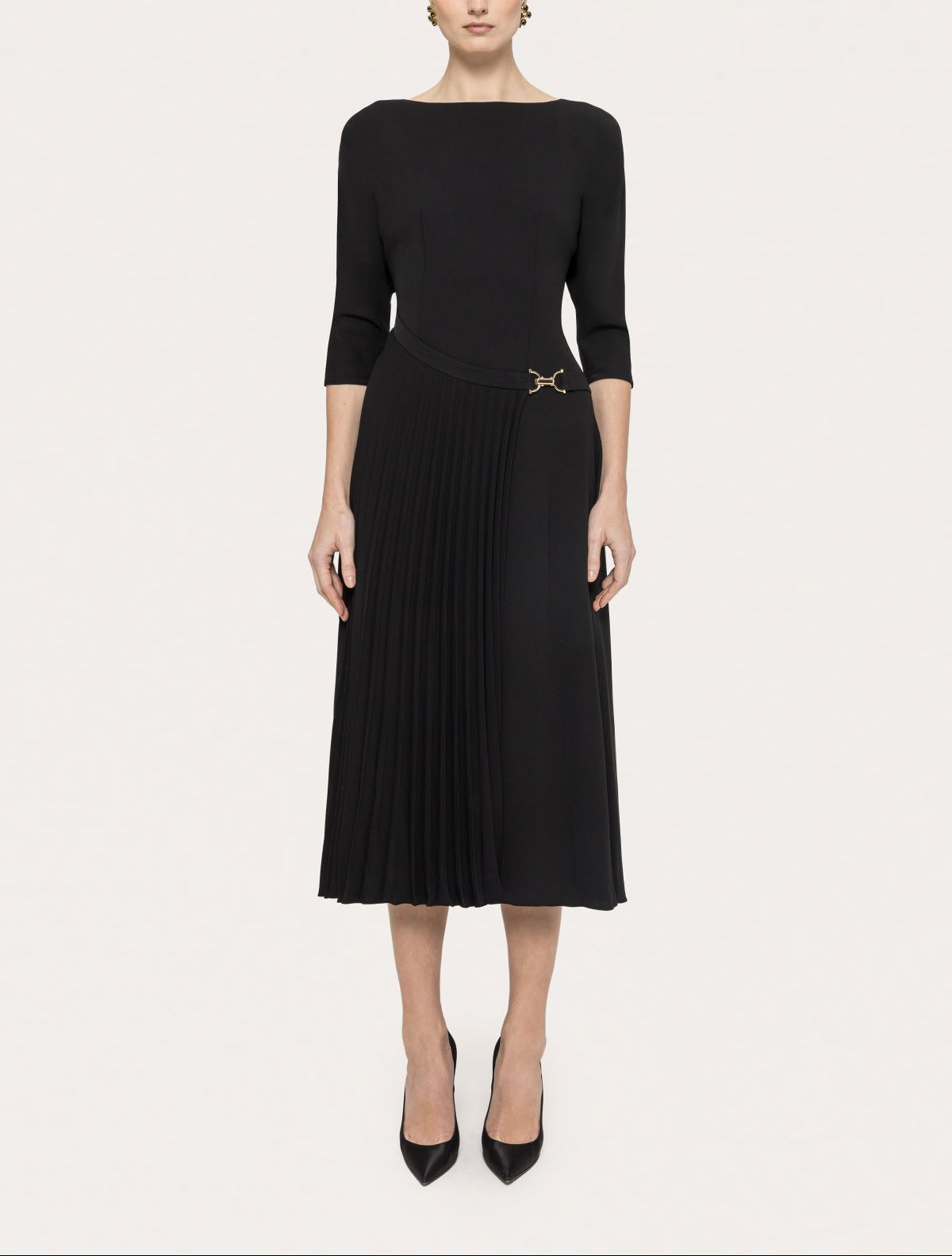 NISSA black boat-neck midi dress with pleated panel and gold tone metallic waist detail