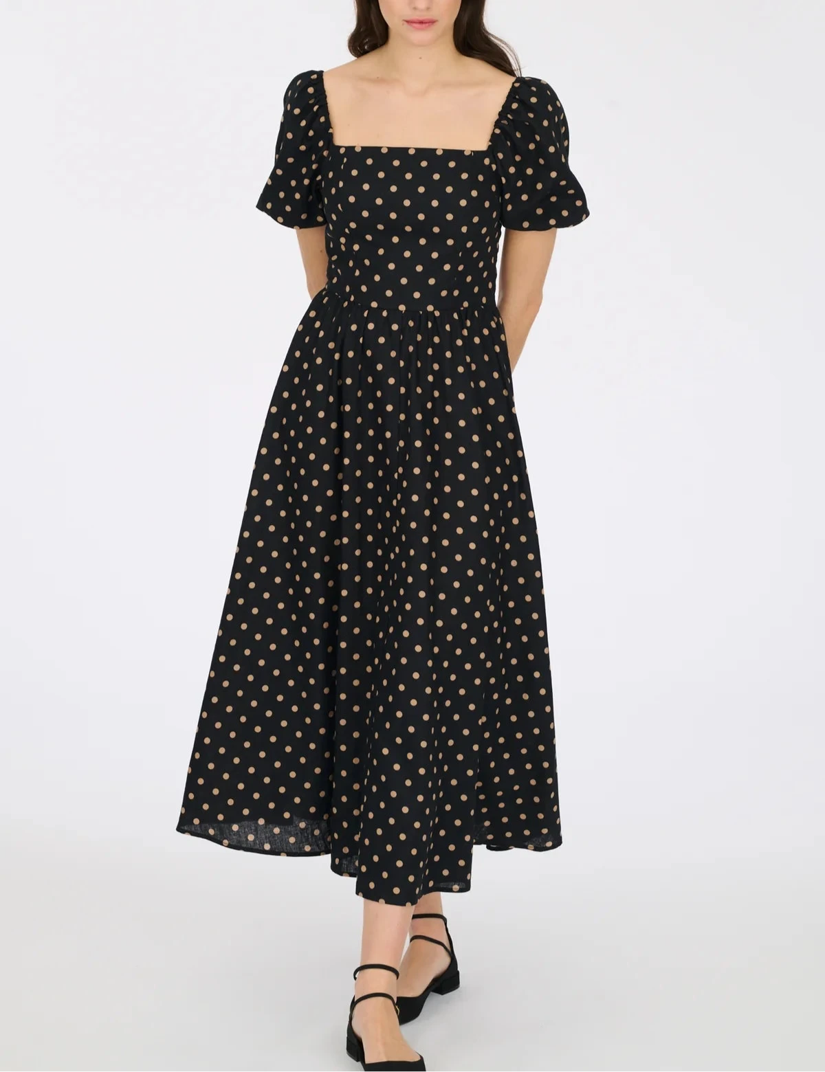Weill Paris black cotton polka dot dress with flared skirt and shirred back
