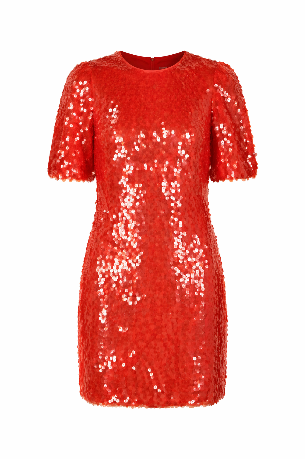 Red sequin puff sleeve mini cocktail dress product image on neutral background