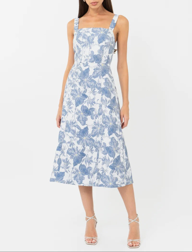 Light blue A-line jacquard midi dress by Adelyn Rae, featuring a sleeveless design and floral pattern.